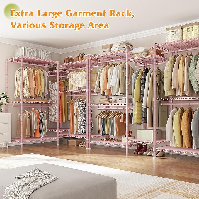 Raybee Clothes Rack, Clothing Racks for Hanging Clothes, L Shaped Clothing Rack for Corner 900LBS Heavy Duty Clothes Rack Gar