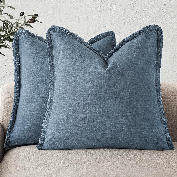 Foindtower Set of 2 Decorative Linen Fringe Throw Pillow Covers Cozy Boho Farmhouse Cushion Cover with Tassels Soft Accent Pi
