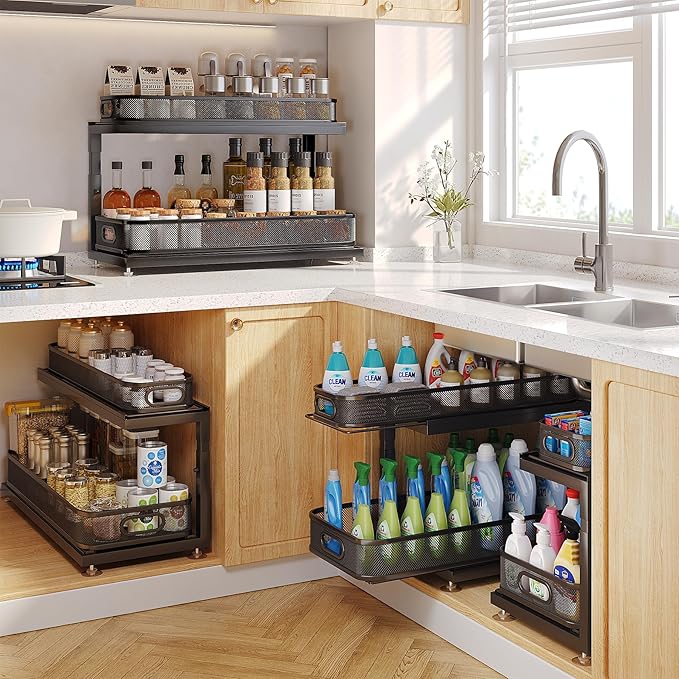 2-Pack 21.3 IN Depth Under Sink Organizer With Next-Gen Ball-Bearing Slides,Sophisticated Mesh 2-Tier Pull Out Shelf for Kitc