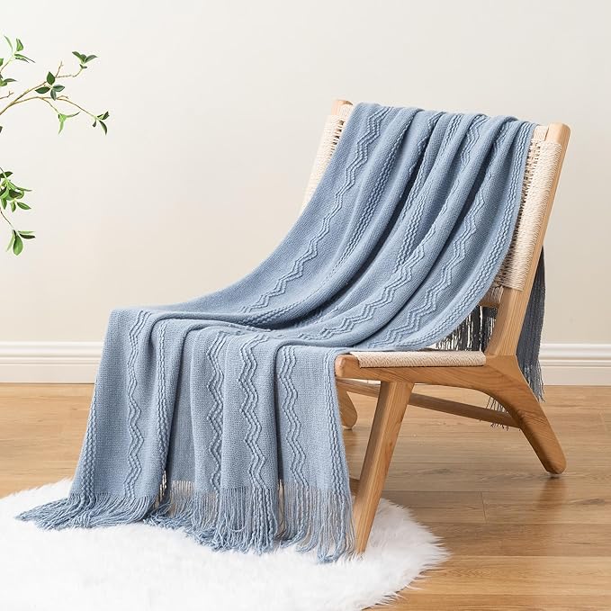 BATTILO HOME Bluish Grey Throw Blanket for Couch, Soft Knit Throws with Tassels for Home Decor, Blue Blankets and Throws for 
