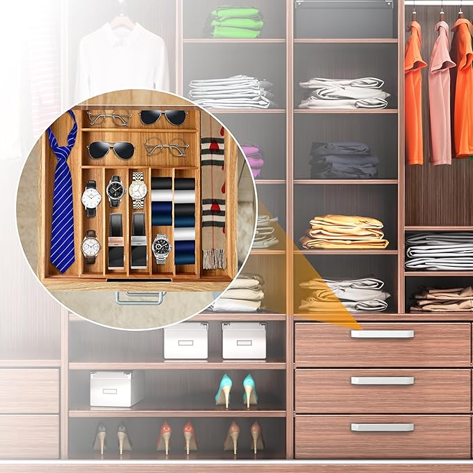 Bellsal Large Premium Acacia Wood Silverware Organizer - Expandable Utensil Drawer Organizer - 17"x19.6" Utensil Holder and C