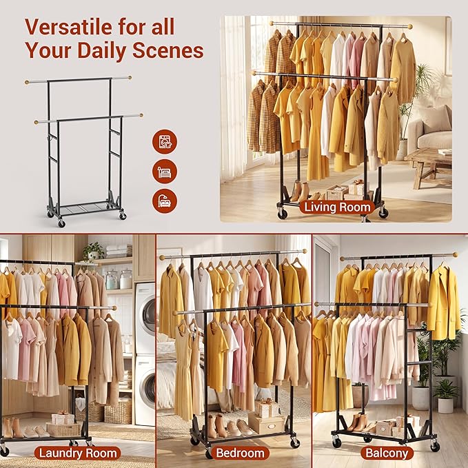 Rolling Garment Rack - Double Rod Clothes Rack with Lockable Casters, Mesh Storage Shelf & Anti-Slip Wooden Finials accented 
