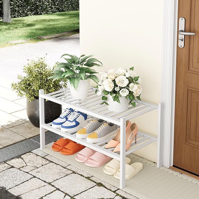 Smiry Shoe Rack, 2 Tier Thick Bamboo Shoe Organizer, Stackable Free Standing Wooden Shoe Storage Shelf for Closet, Entryway, 