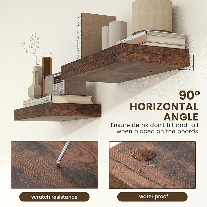 Deep Floating Shelves | 24 Inch Brown Floating Shelves Set of 2 | 12 Inch Deep Rustic Wood Shelves for Wall | 24" W x 12" D B