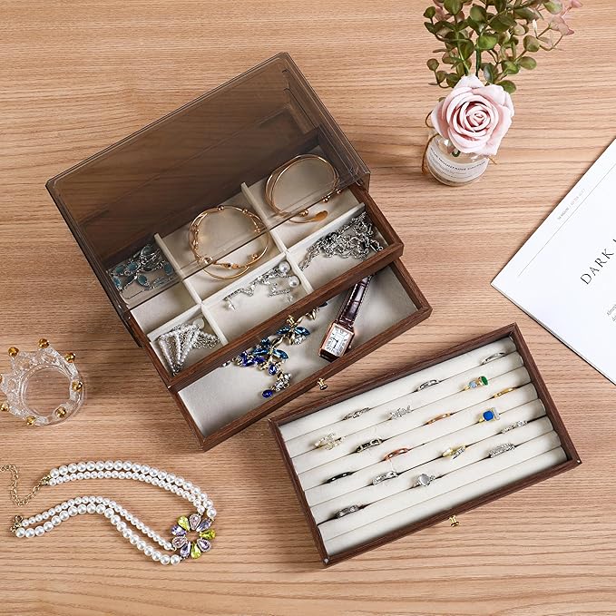 CLUQMEIK 3-layer Wooden Drawer Jewelry Organizers and Storage Box with Grey Acrylic Lid and Velvet Lining, Jewelry Box for Wo