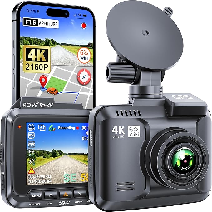 ROVE R2-4K Dash Cam Built-in WiFi 6 GPS Car Dashboard Camera Recorder with UHD 2160P, 2.4" IPS Screen, 150° Wide Angle, WDR, 