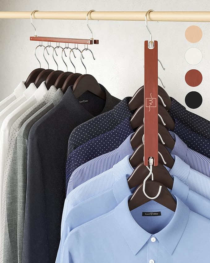 MORALVE Space Saving Hangers for Closet – 4 Pack European Beechwood 6-Tier Shirt Organizer with 360° Swivel Hook – Collapsibl