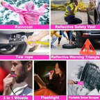 Pink Car Emergency Kit, Premium Roadside Emergency Car Accessories Kit with Jumper Cables, Flashlight, Shovel, Screwdriver Se