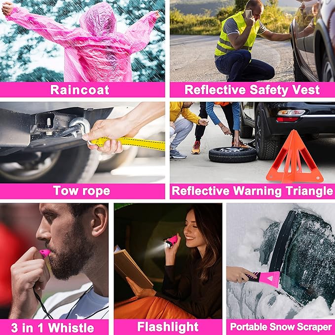 Pink Car Emergency Kit, Premium Roadside Emergency Car Accessories Kit with Jumper Cables, Flashlight, Shovel, Toolbox Set, e