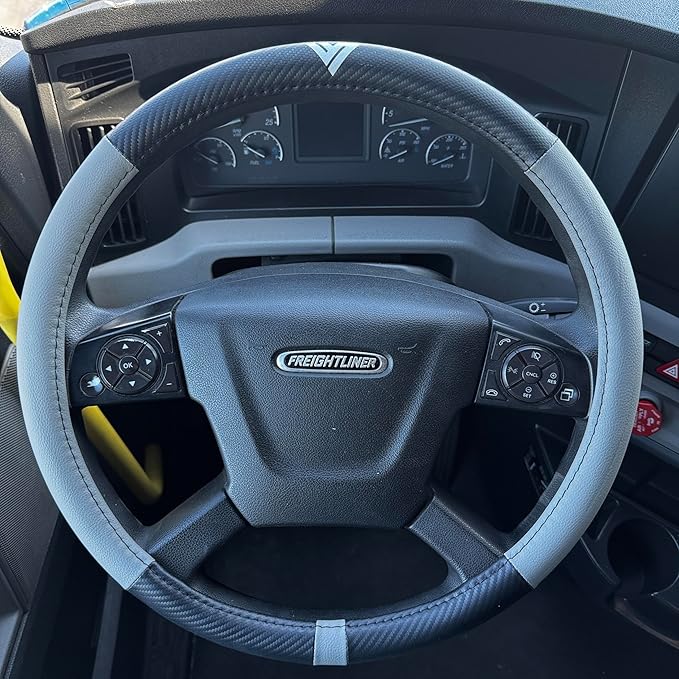 18-Inch Genuine Leather Steering Wheel Cover for Semi Trucks – Grey with Black Carbon Fiber Imitation, Heavy-Duty Non-Slip Grip, Universal Fit, Easy Installation