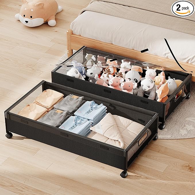 KITHELP Underbed Storage Containers with Wheels, Large Under Bed Drawers on Wheels with Removable Lids, Rolling Shoe Organize