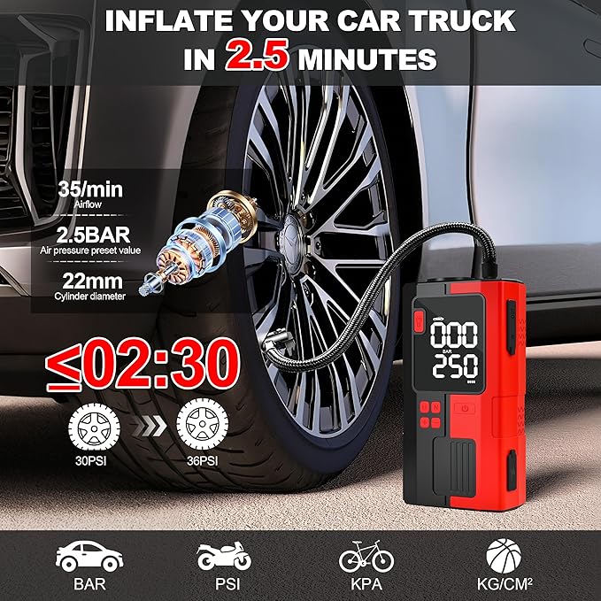 Car Battery Jump Starter with Air Compressor, 6000mAh Tire Inflator, 16.8V Portable Jump Box with LED Light/Flashlight for 6.0L Gas/3.0L Diesel, Car Battery Jumper Starter Portable, Jumper Cables