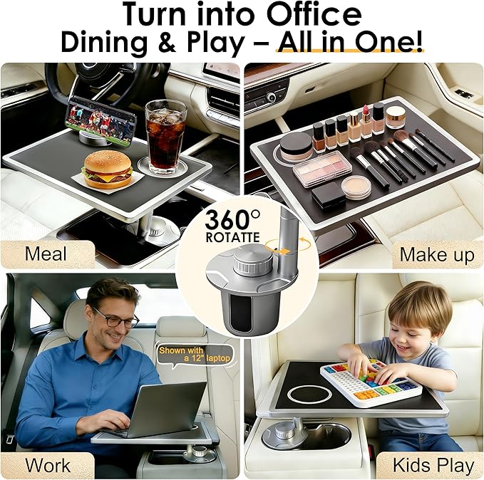 Car Food Tray & Car Table Tray with Car-Grade Aluminum Cup Holder & Phone Stand, Premium Wood with Leather Surface, 360° Rotating Car Desk for Laptop &Eating (Square, Black)