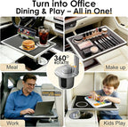 Car Food Tray & Car Table Tray with Car-Grade Aluminum Cup Holder & Phone Stand, Premium Wood with Leather Surface, 360° Rotating Car Desk for Laptop &Eating (Square, Black)
