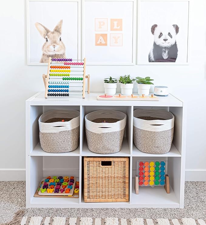 OrganiHaus Cotton Rope Basket for Shelf - Woven Storage Basket for Organizing, Closet & Toy Storage - Brown/Off-White - 15x9x