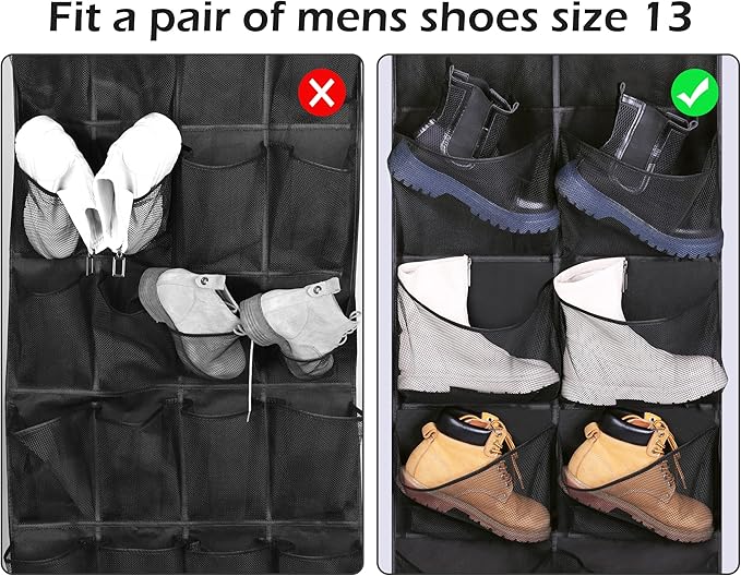 KIMBORA Boots Hanging Shoe Organizer for Closet 12 Extra Large Mesh Pockets Over The Door Shoe Rack for Men Shoes Size 16, Bl