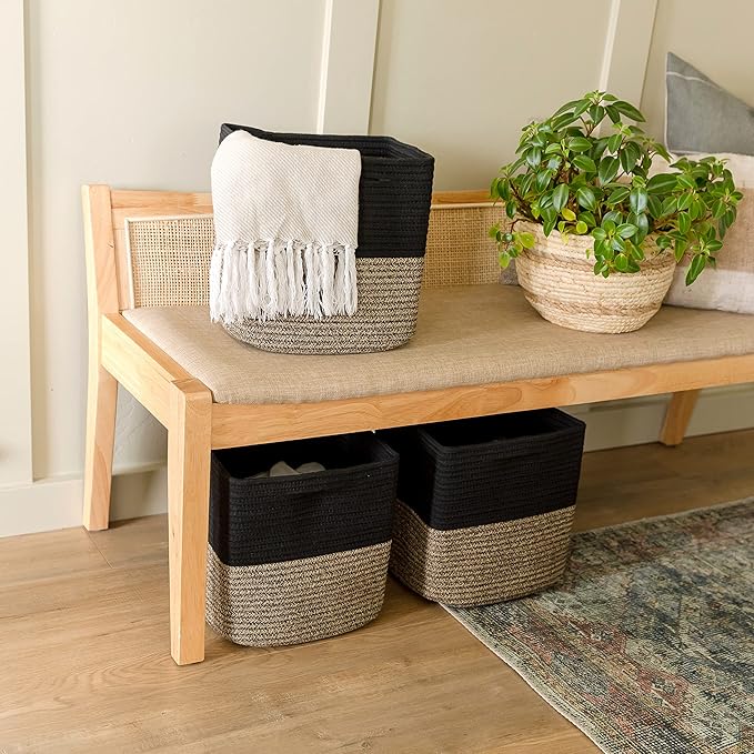 NaturalCozy Storage Cubes 11 Inch Cotton Rope Woven Baskets for Organizing, 3-Pack | Cube Storage Bin | Square Storage Basket