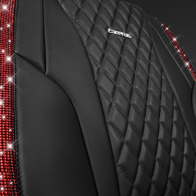 CAR PASS Nappa Leather Bling Diamond Black Red Seat Covers Full Set, Waterproof Calfskin Heavy-Duty Anti-Slip, Universal Fit 