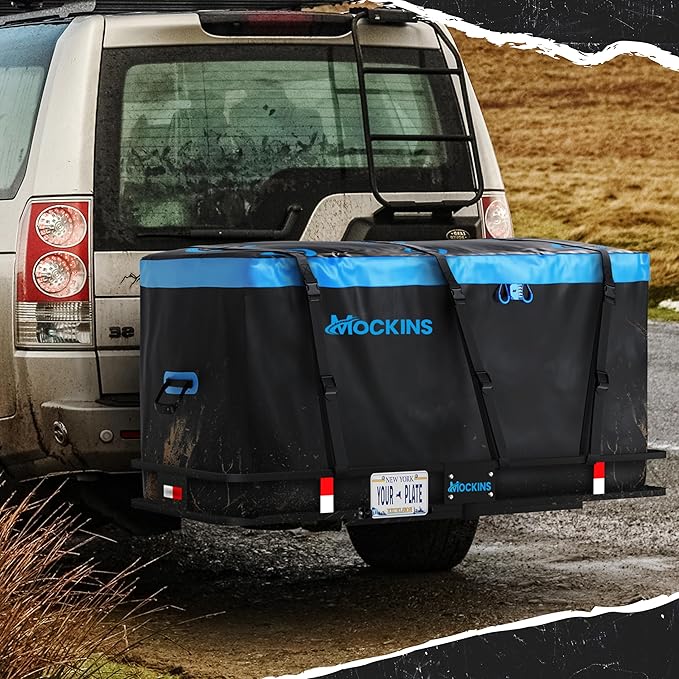 Mockins 60"x24"x6" Folding Trailer Hitch Cargo Carrier w/ 25 Cu Ft Waterproof Cargo Bag for Hitch Carrier | Heavy Duty 500 lbs Steel Luggage Rack for SUV, Car & Truck w/Plate Bracket & Accessories