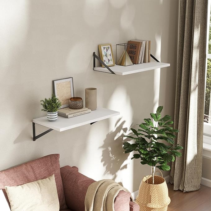 Deep Floating Shelves Wall Mounted, 24"x12" White Wall Shelves with Brackets Set of 2 for Bedroom, Living Room, Bathroom, Kit
