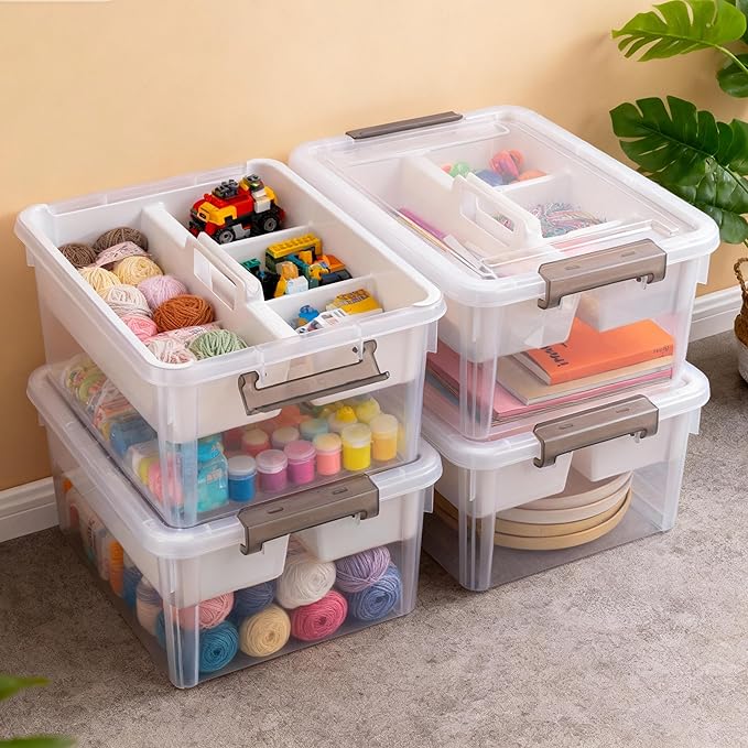 Citylife 17 QT Plastic Storage Bins Clear Storage Box with Removable Tray Stackable Latching Box with Handle for Oraganizing 