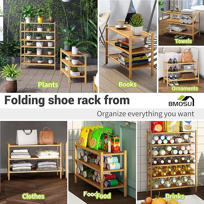 BMOSU 3-Tier Bamboo Shoe Rack Premium Stackable Shoe Shelf Storage Organizer for Hallway Closet Living Room Entryway Organize