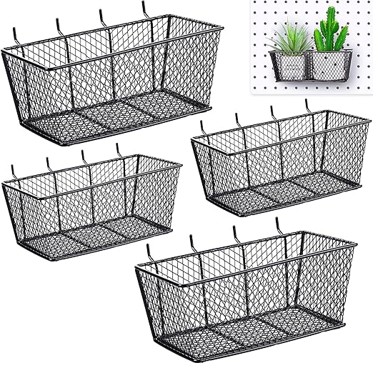 Sieral 4 Pcs Black Pegboard Baskets Metal Wire Shelf Baskets Peg Board Organizer Accessories Wall Mount Organizer Attachments