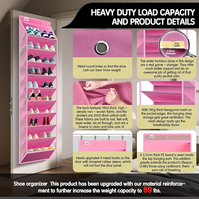 Kotkn 10 Tier Over The Door Organizer - Heavy Duty Hanging Storage Rack with Sturdy Oxford Fabric, Holds 20+ Pairs of Footwea