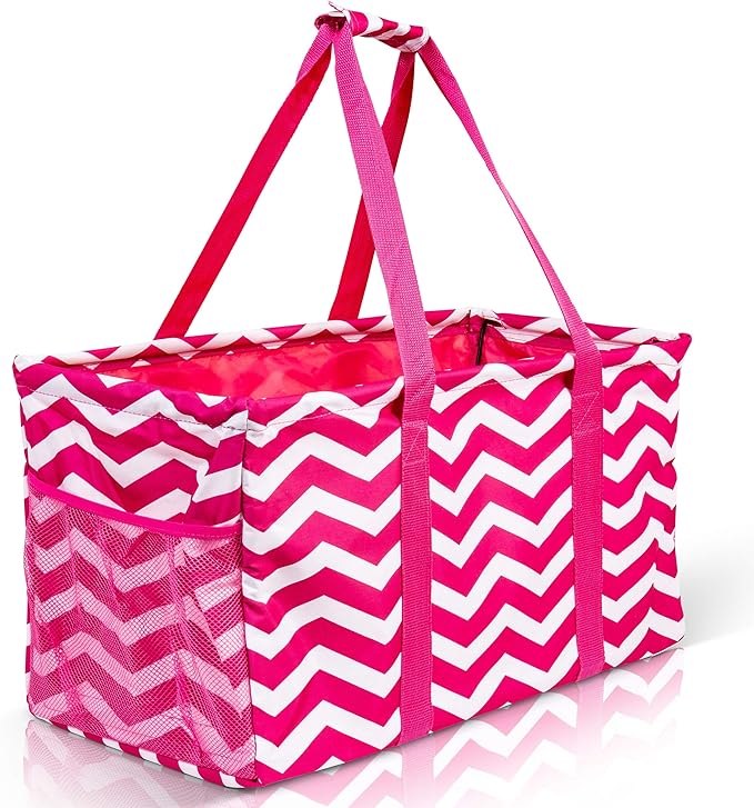Extra Large Utility Tote Bag, Oversized Collapsible Reusable Wire Frame Rectangular Canvas Basket With Two Exterior Pockets For Beach, Pool, Laundry, Car Trunk, Storage - Chevron Pink