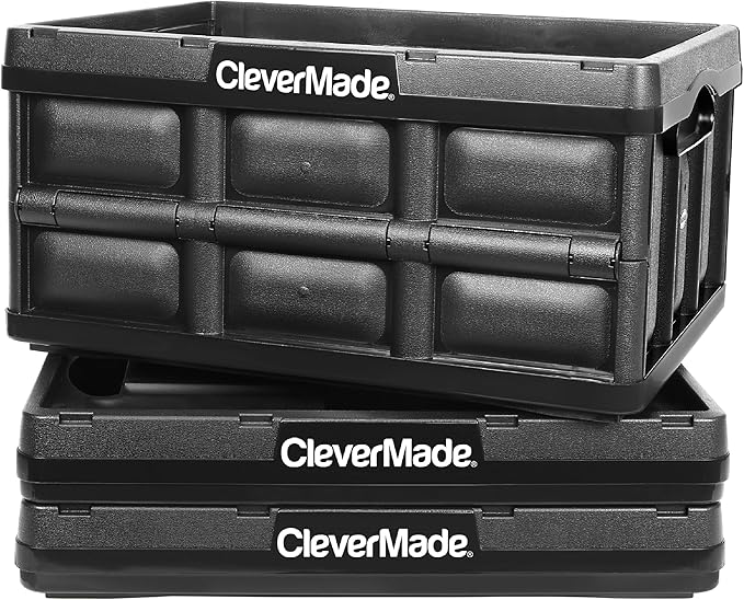 CleverMade Collapsible Storage Bins 32L 3 Pack – Heavy Duty Foldable Storage Bins with Built-In Handles for Garage Storage an