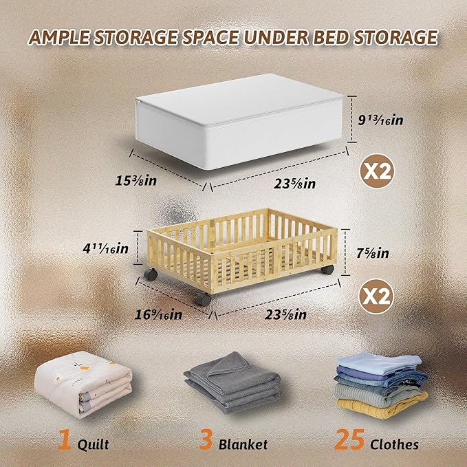 Bamboo Under Bed Storage Containers with Wheels, 2 Pack Under the Bed Shoe Storage Bins, Wood Rolling Underbed Drawers with B