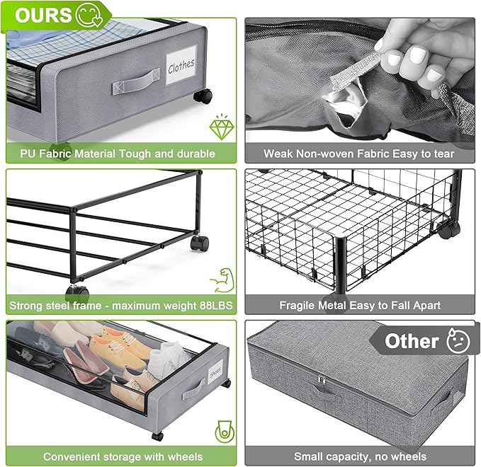 Under Bed Storage with Wheels, 4-Pack Under the Bed Storage Containers with Clear Lids & Label, Underbed Storage Bins, XXL 60