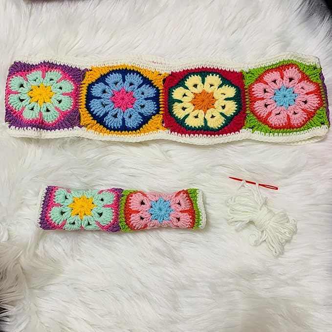 Handmade Crochet Steering Wheel Cover, Galsang Flower Flower. (Steering Wheel Cover + 2 Seat Belt Cover)