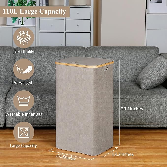 IEGrow Laundry Basket with Lid, Large Laundry Hamper with Handle and Lid, Collapsible Clothes Basket Organizer with Removable