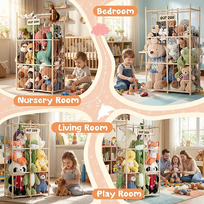 LAMU Stuffed Animal Storage, Wooden Zoo Stuffed Animal Holder with Elastic Cords, Space Save Plush Toy Cage, Double Capacity 