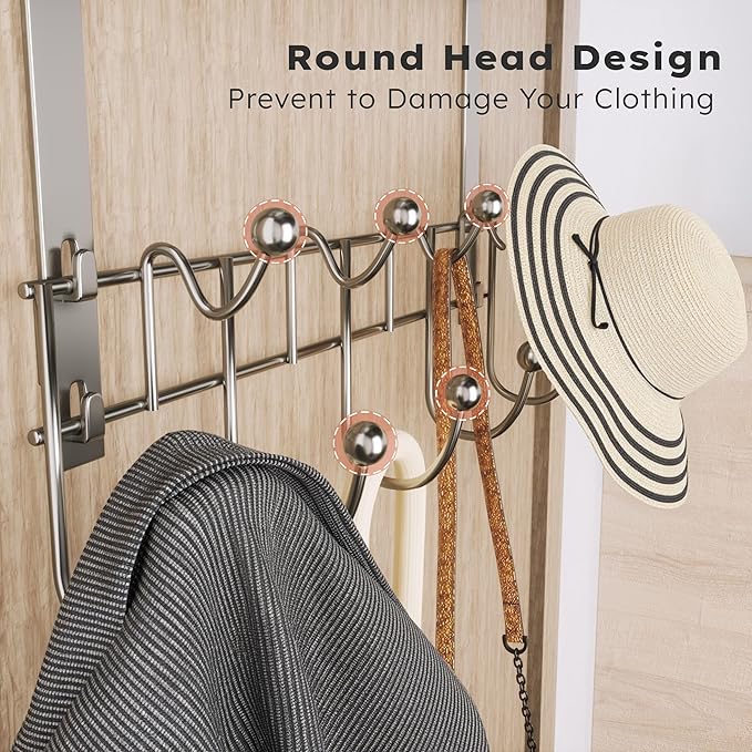 Consumest Over The Door Hooks Organizer - Extra Long Door Hanger with 9 Coat Hooks & 2 Mesh Basket, Back Storage Organizer Ha