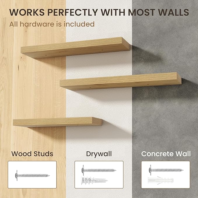 20 Inch Floating Shelves | 6.5 Inch Deep Oak Floating Shelves Set of 2 | 20" W x 6.5" D Rustic Oak Shelves with Invisible Bra