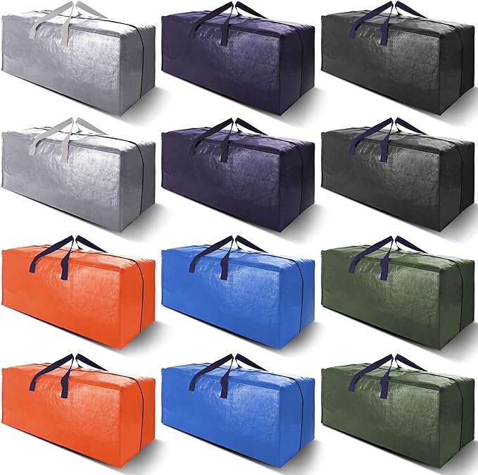 VELVETSURE 12 Pack Heavy Duty Extra Large Moving Bags W/Backpack Straps - Strong Handles & Zippers, Storage Totes For Space S