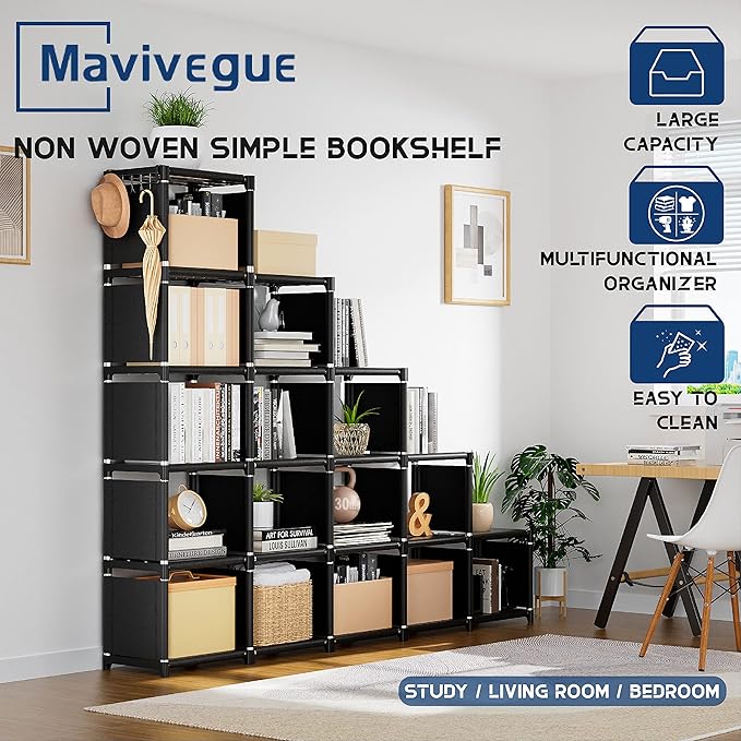 Mavivegue Bookshelf,16 Cube Storage Organizer,Book Shelf Organizer,Tall Bookcase,Black Cube Shelf Cubbies Closet Storage Shel