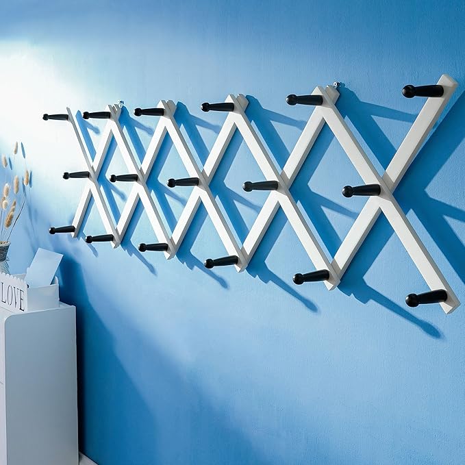 SKOLOO Hat Rack for Wall with 17 Hooks, Solid Wooden, Modern, Expandable Coat Rack Wall Mount for Coats, Hats, Bags, Baseball