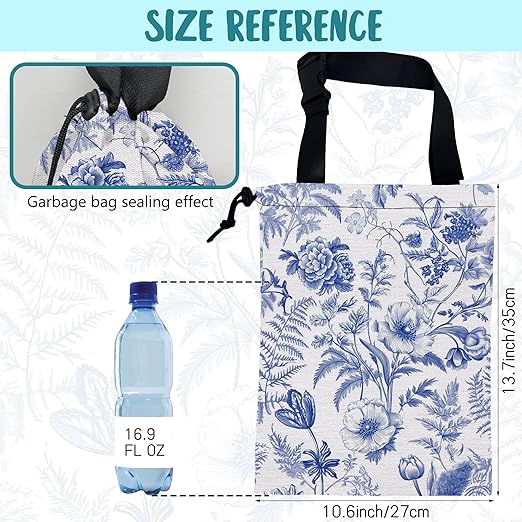 Car Garbage Bag Abstract Blue and White Floral Hanging Canvas Car Trash Bag Drawstring Car Back Seat Organizer for Car Back Front Seat Console with Adjustable Buckle
