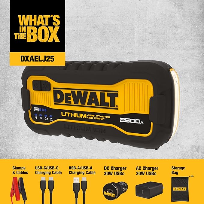 DEWALT DXAELJ25 2500 Peak Amp Portable Lithium Jump Starter with 25W Type C 15W Type A 60W Type C in/Out