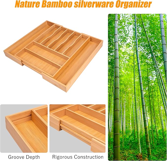 Bellsal Large Premium Bamboo Silverware Organizer - Expandable Utensil Drawer Organizer - 17"x19.6" Utensil Holder and Cutler