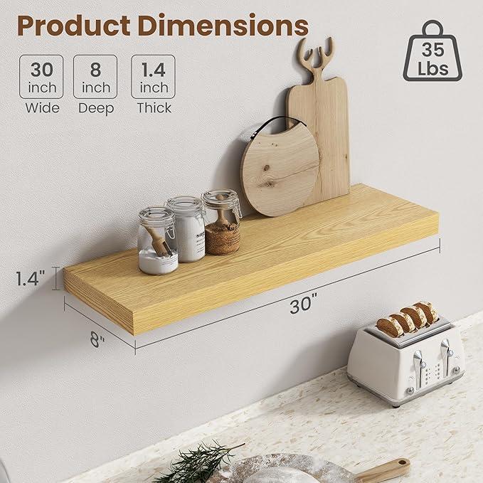 30 Inch Floating Shelves for Wall, 8 Inch Deep Floating Shelf for Storage & Display, Rustic Wall Mounted Shelf with Invisible