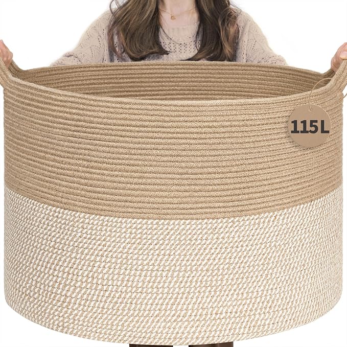 INDRESSME 115L Extra Large Woven Baskets for Storage, Wicker Basket for Living Room Decor Laundry Baskets for Blankets Clothe