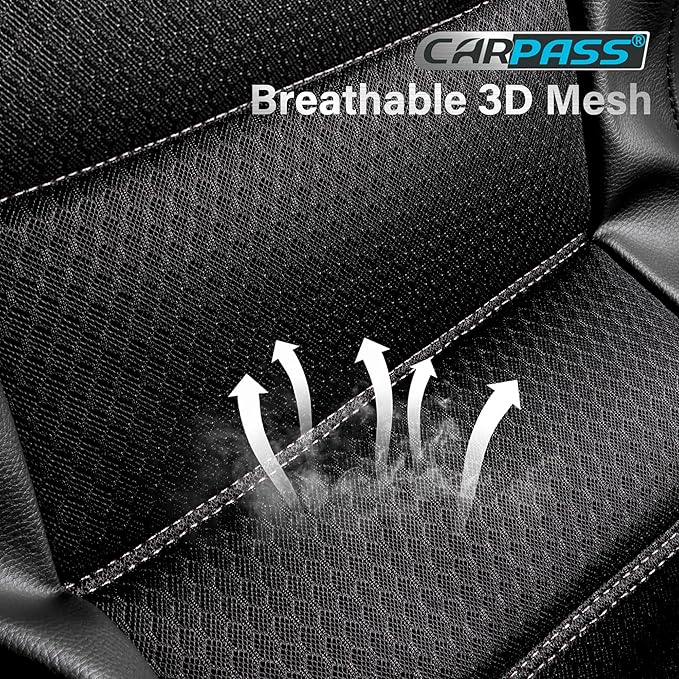 CAR PASS Memory Foam Back Car Seat Covers,Thick 3D Foam Mesh Bench Seat Covers Leather Metallic, Air Cool Rear Seat Cover Bla