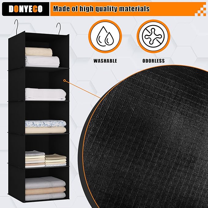 Hanging Closet Organizer and Storage 5-Shelf, Easy Mount Foldable Hanging Closet Wardrobe Shelves, Clothes Handbag Shoes Acce