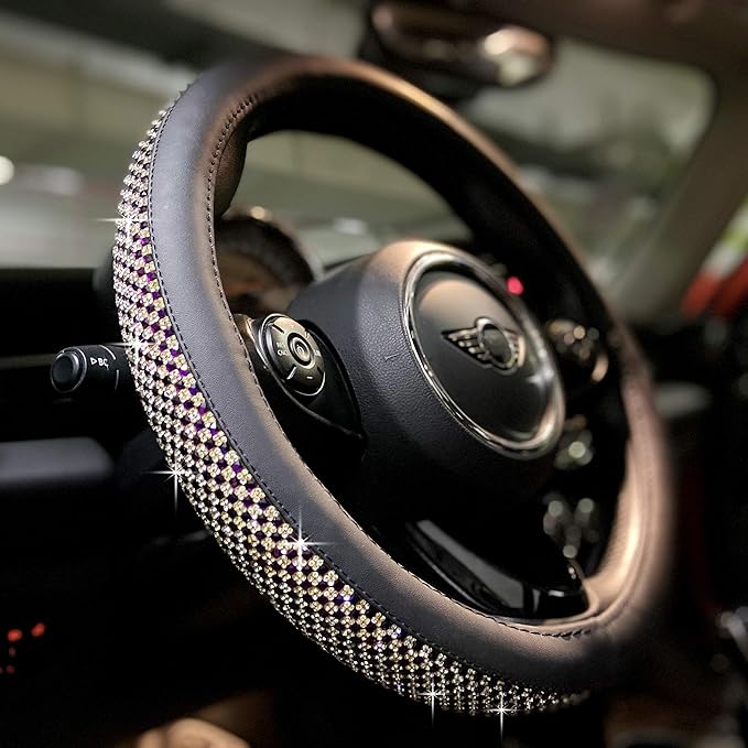 PINCTROT Bling Bling Comfy Steering Wheel Cover with Jumbo Crystal Rhinestones, Anti-Slip Diamond Leather, Universal 15 Inch (Purple)