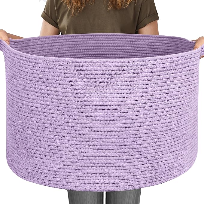 MEGASKET 115L Extra Large Purple Storage Basket, 23.6" X 15.7" Jumbo Woven Cotton Rope Bin for Throw Blankets Pillows, Baby L