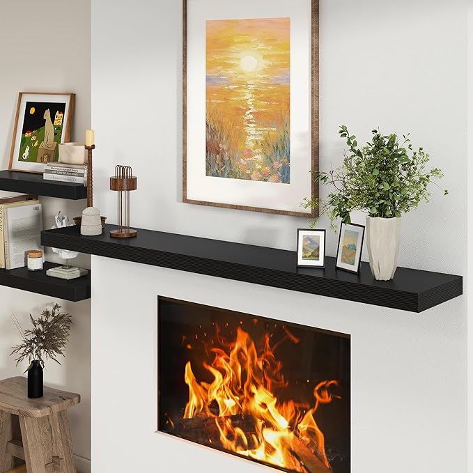 72 Inch Black Floating Shelf | 12 Inch Deep Floating Shelves Set of 1 | 72" D x 12" D Rustic Wood Shelves for Wall | Deep Bla